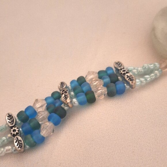 Artisan Beaded 3 Strand Green Blue Gemstone Frosted Glass and Crystal Bracelet - Picture 4 of 6